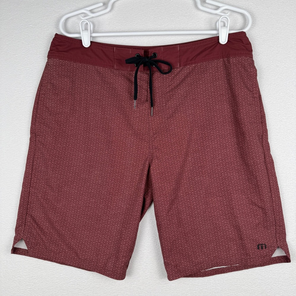 Travis Mathew Board Shorts Mens 34 Maroon Geometric Pattern Pockets Swim Trunks